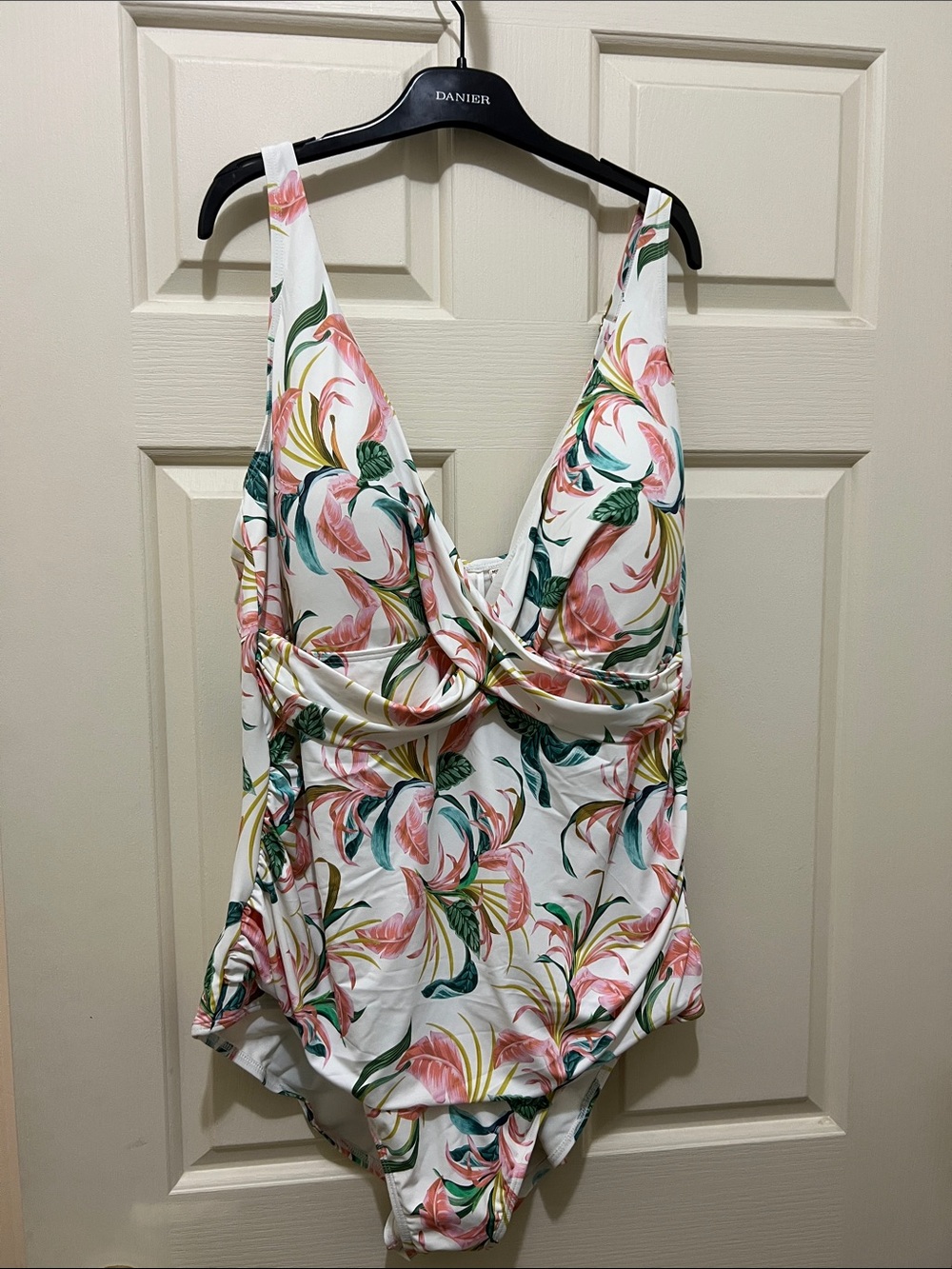 Artesands White Floral Twist-Front One-Piece with Pink & Green Print (sz 22)